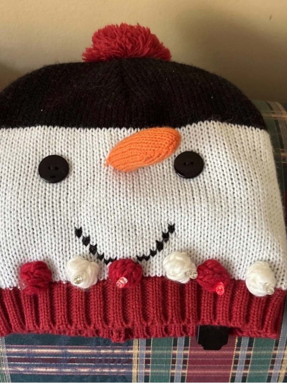 Winter Christmas Lighted Snowman Knit Hat/Beanie Pom Battery Powered Working